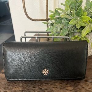 Tory Burch Black Leather Continental Wallet with Gold Logo Accent